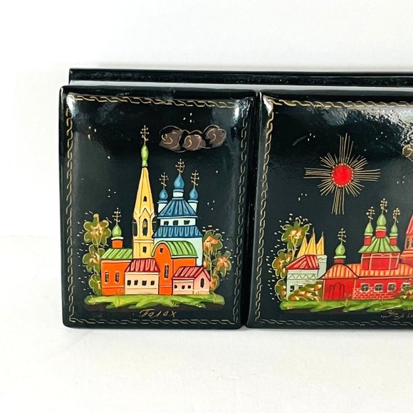 Russian Black Lacquer Box 3 compartments Artist Signed Handpainted 7.25" L - Picture 2 of 11